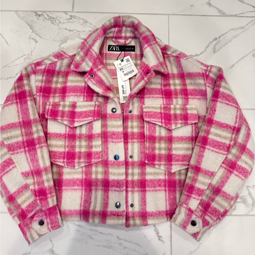 Zara women’s pink and Cream Plaid jacket
